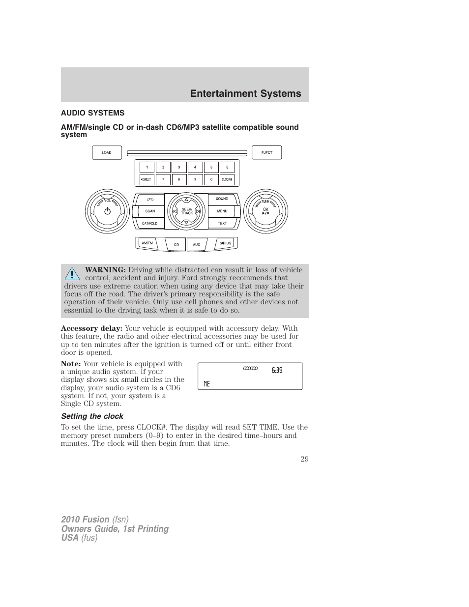 Entertainment systems, Audio systems, Setting the clock | Am/fm stereo with cd/mp3 | FORD 2010 Fusion v.1 User Manual | Page 29 / 338