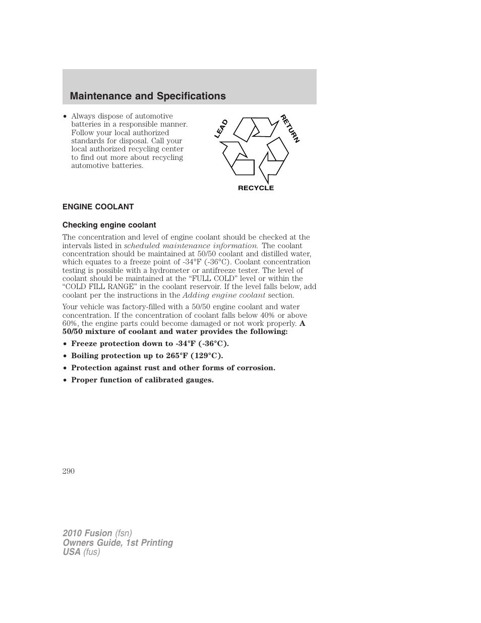 Engine coolant, Checking engine coolant, Maintenance and specifications | FORD 2010 Fusion v.1 User Manual | Page 290 / 338