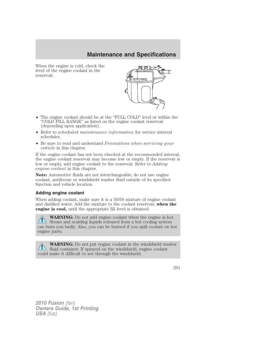 Adding engine coolant, Maintenance and specifications | FORD 2010 Fusion v.1 User Manual | Page 291 / 338