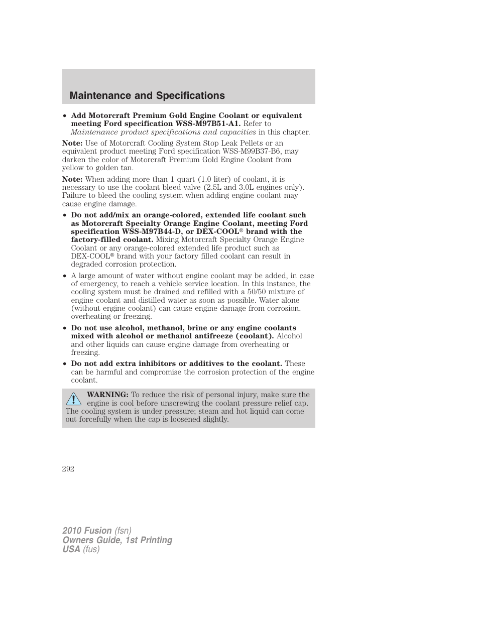 Maintenance and specifications | FORD 2010 Fusion v.1 User Manual | Page 292 / 338