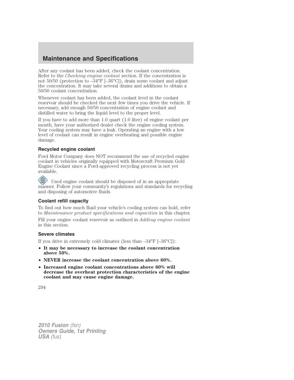 Recycled engine coolant, Coolant refill capacity, Severe climates | Maintenance and specifications | FORD 2010 Fusion v.1 User Manual | Page 294 / 338