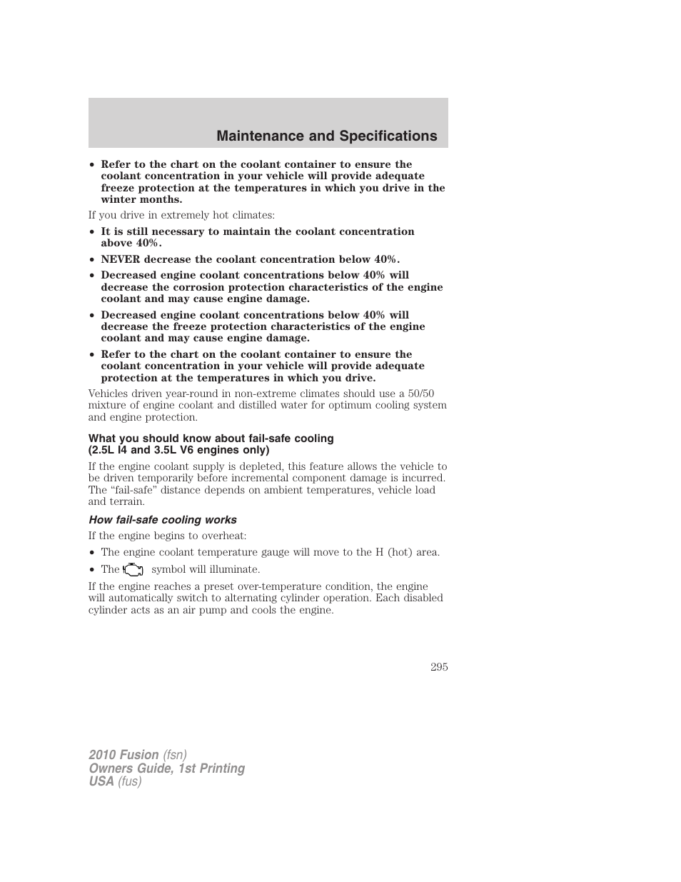 How fail-safe cooling works, Maintenance and specifications | FORD 2010 Fusion v.1 User Manual | Page 295 / 338