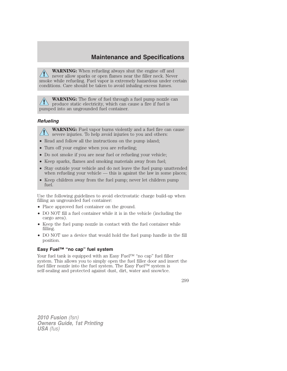 Refueling, Easy fuel™ “no cap” fuel system, Maintenance and specifications | FORD 2010 Fusion v.1 User Manual | Page 299 / 338