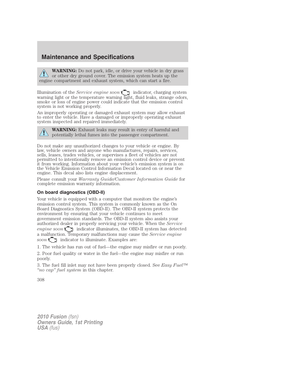 On board diagnostics (obd-ii), Maintenance and specifications | FORD 2010 Fusion v.1 User Manual | Page 308 / 338