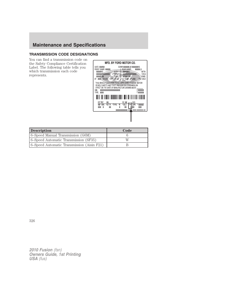 Transmission code designations, Maintenance and specifications | FORD 2010 Fusion v.1 User Manual | Page 326 / 338