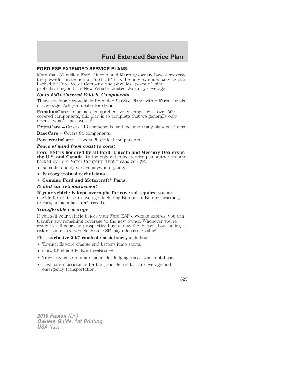 Ford extended service plan, Ford esp extended service plans | FORD 2010 Fusion v.1 User Manual | Page 329 / 338