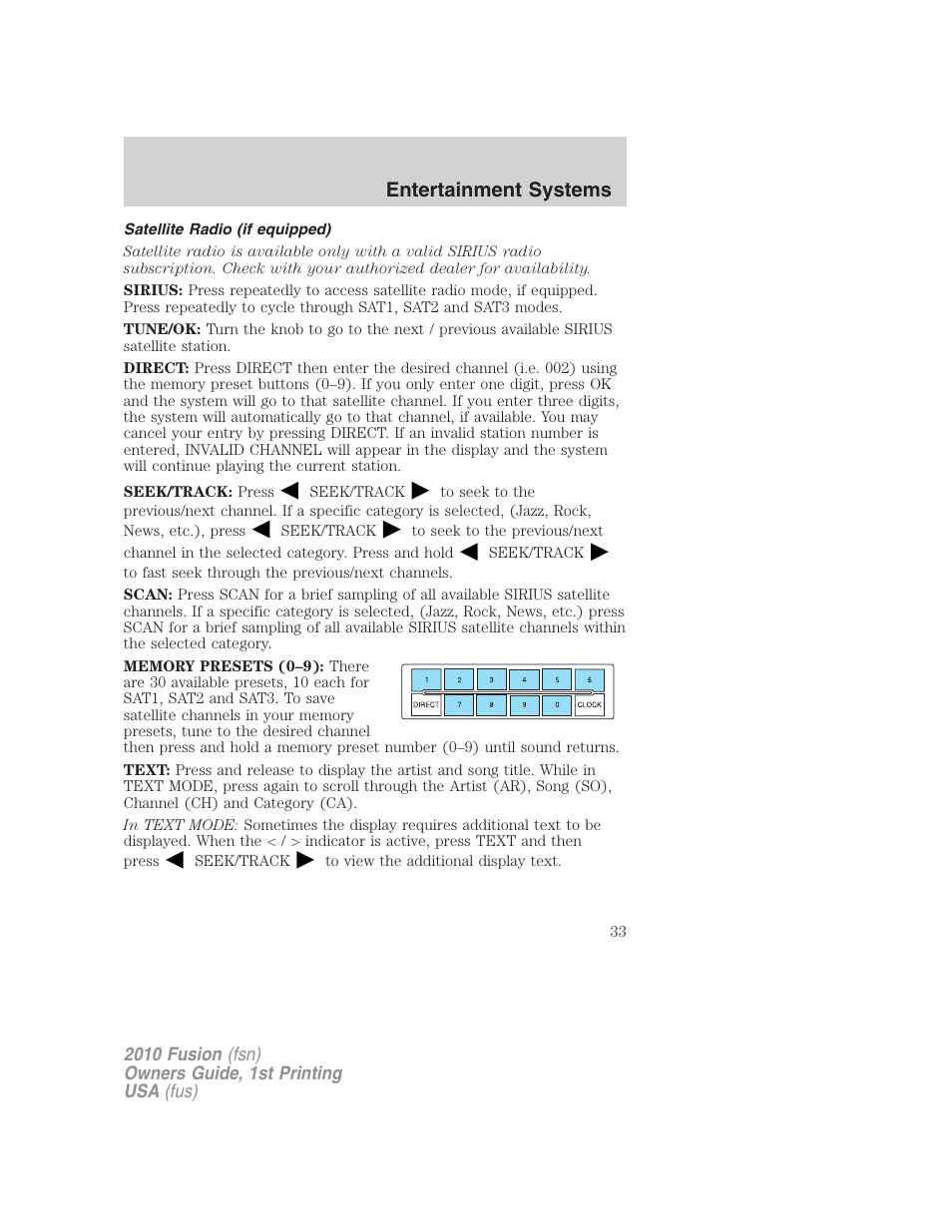 Satellite radio (if equipped), Entertainment systems | FORD 2010 Fusion v.1 User Manual | Page 33 / 338
