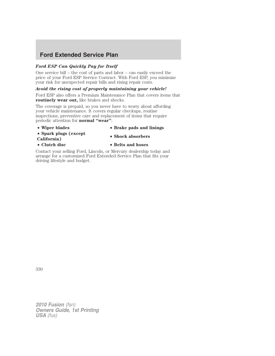 Ford extended service plan | FORD 2010 Fusion v.1 User Manual | Page 330 / 338