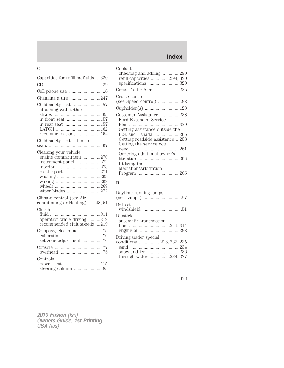 Index | FORD 2010 Fusion v.1 User Manual | Page 333 / 338