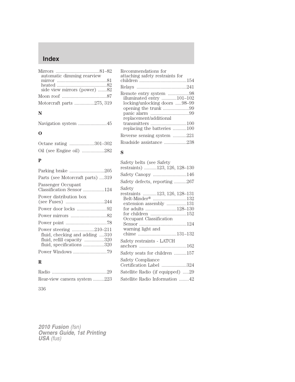 Index | FORD 2010 Fusion v.1 User Manual | Page 336 / 338