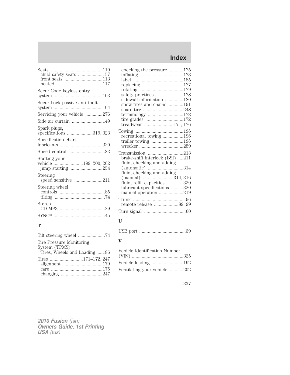 Index | FORD 2010 Fusion v.1 User Manual | Page 337 / 338