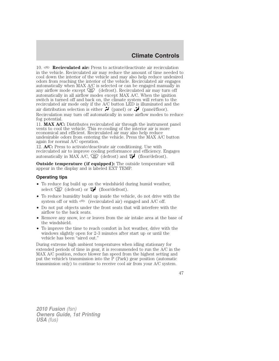 Operating tips, Climate controls | FORD 2010 Fusion v.1 User Manual | Page 47 / 338