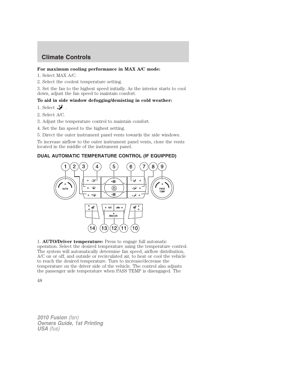 Dual automatic temperature control (if equipped), Dual automatic temperature control, Climate controls | FORD 2010 Fusion v.1 User Manual | Page 48 / 338