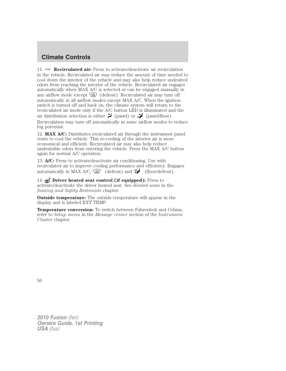 Climate controls | FORD 2010 Fusion v.1 User Manual | Page 50 / 338