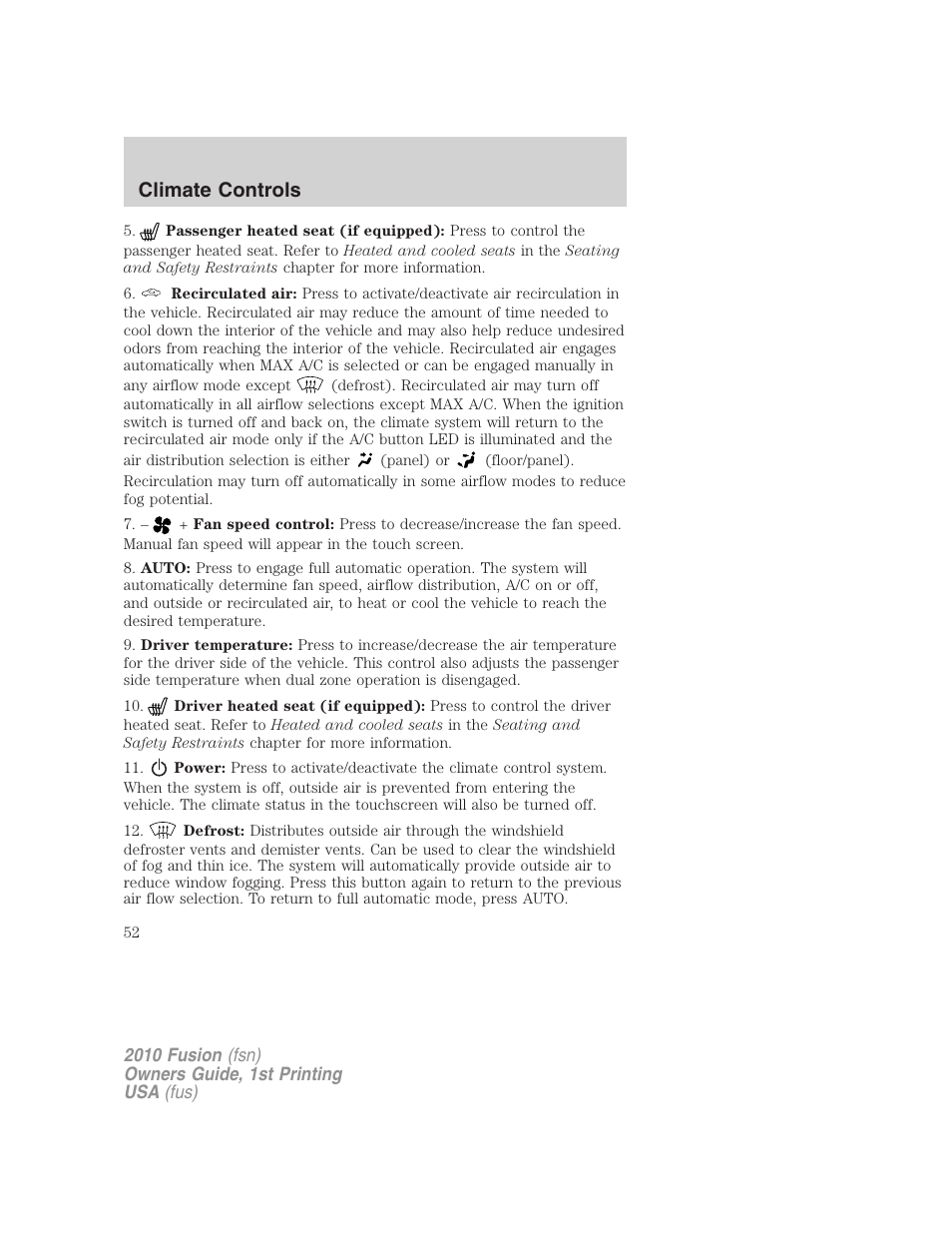 Climate controls | FORD 2010 Fusion v.1 User Manual | Page 52 / 338