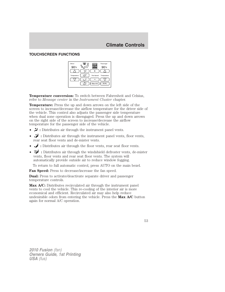 Touchscreen functions, Climate controls | FORD 2010 Fusion v.1 User Manual | Page 53 / 338