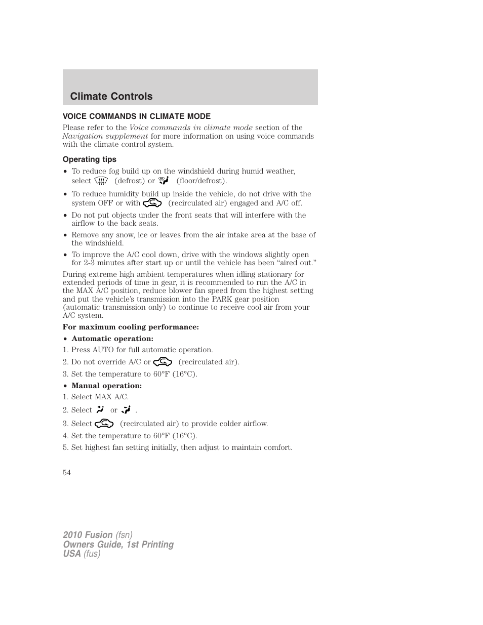 Voice commands in climate mode, Operating tips, Climate controls | FORD 2010 Fusion v.1 User Manual | Page 54 / 338