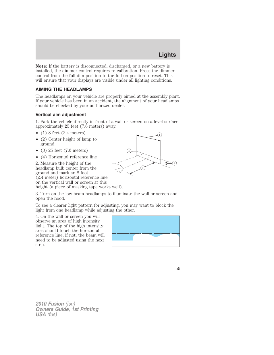 Aiming the headlamps, Vertical aim adjustment, Lights | FORD 2010 Fusion v.1 User Manual | Page 59 / 338