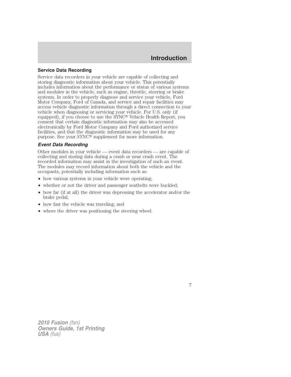 Service data recording, Event data recording, Introduction | FORD 2010 Fusion v.1 User Manual | Page 7 / 338