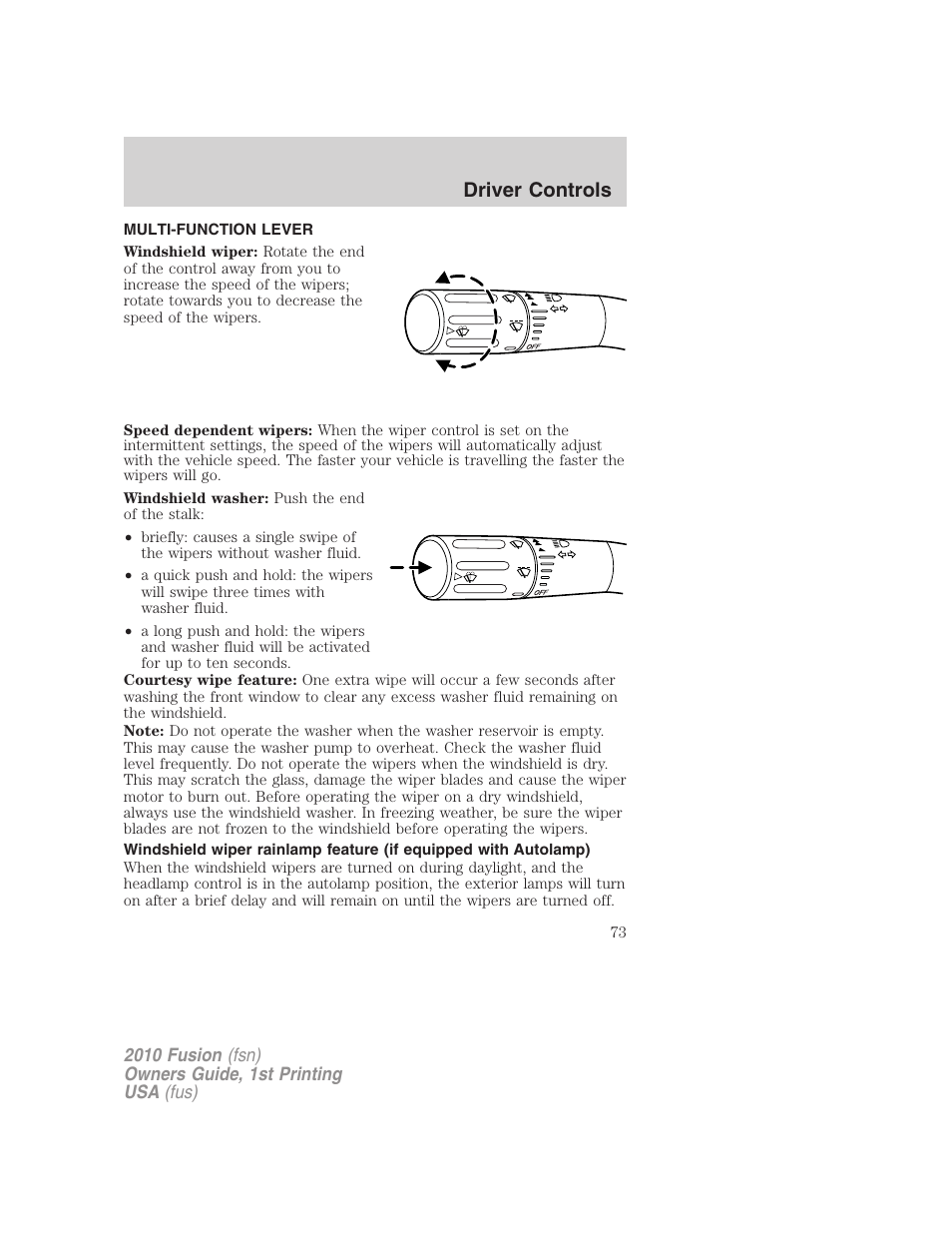 Driver controls, Multi-function lever, Windshield wiper/washer control | FORD 2010 Fusion v.1 User Manual | Page 73 / 338
