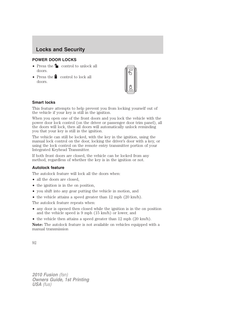 Power door locks, Smart locks, Autolock feature | Locks, Locks and security | FORD 2010 Fusion v.1 User Manual | Page 92 / 338