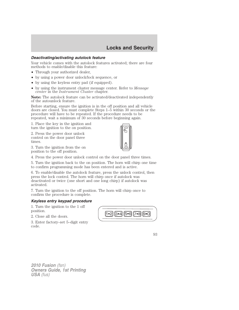 Deactivating/activating autolock feature, Keyless entry keypad procedure, Locks and security | FORD 2010 Fusion v.1 User Manual | Page 93 / 338