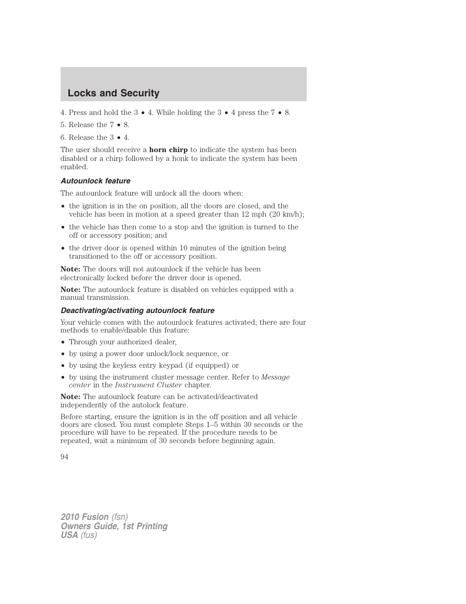 Autounlock feature, Deactivating/activating autounlock feature, Locks and security | FORD 2010 Fusion v.1 User Manual | Page 94 / 338