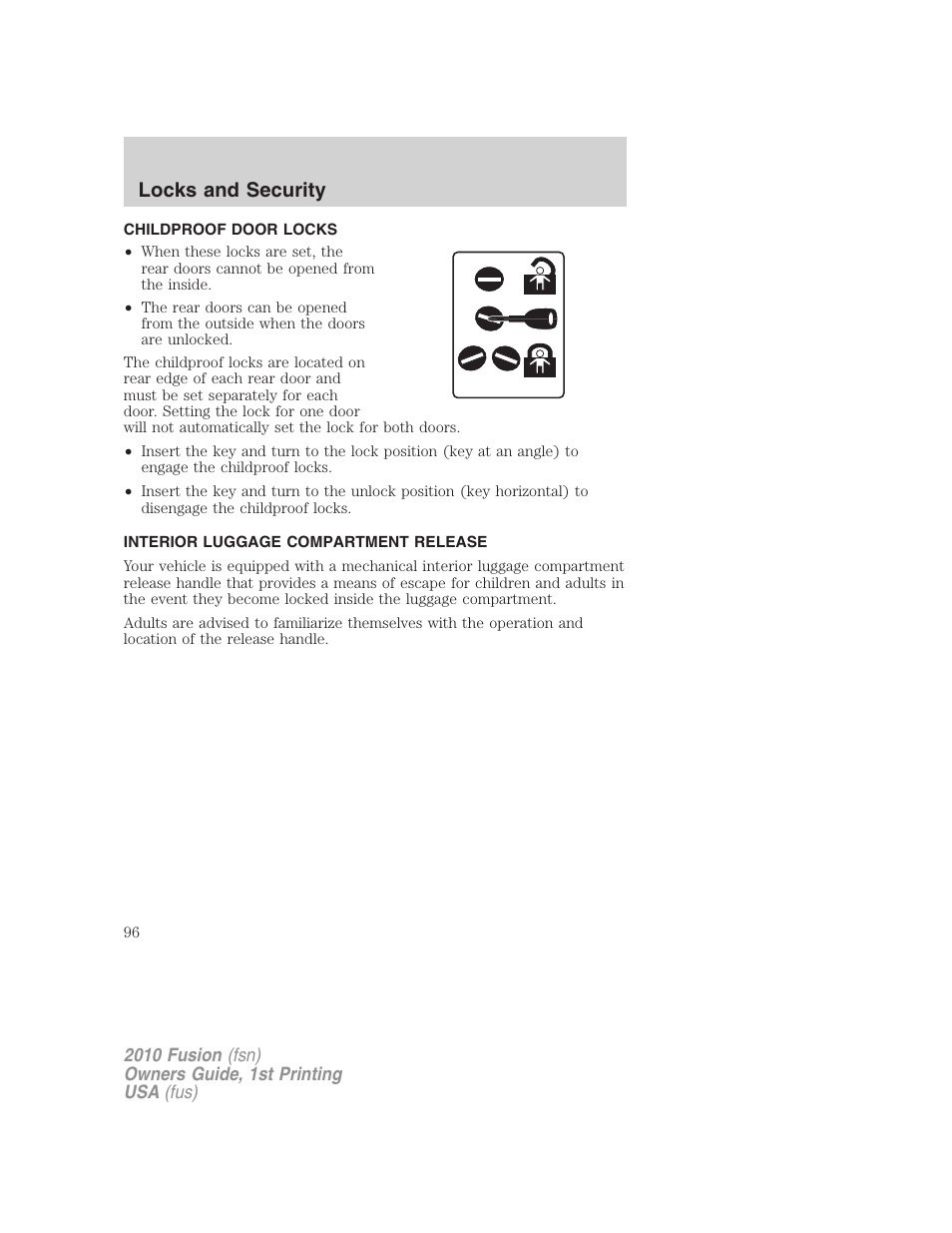 Childproof door locks, Interior luggage compartment release, Locks and security | FORD 2010 Fusion v.1 User Manual | Page 96 / 338