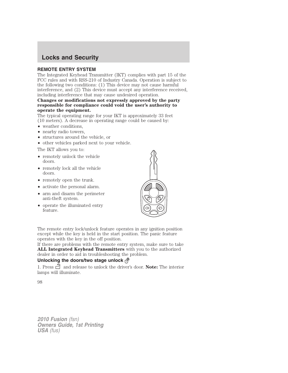 Remote entry system, Unlocking the doors/two stage unlock, Locks and security | FORD 2010 Fusion v.1 User Manual | Page 98 / 338