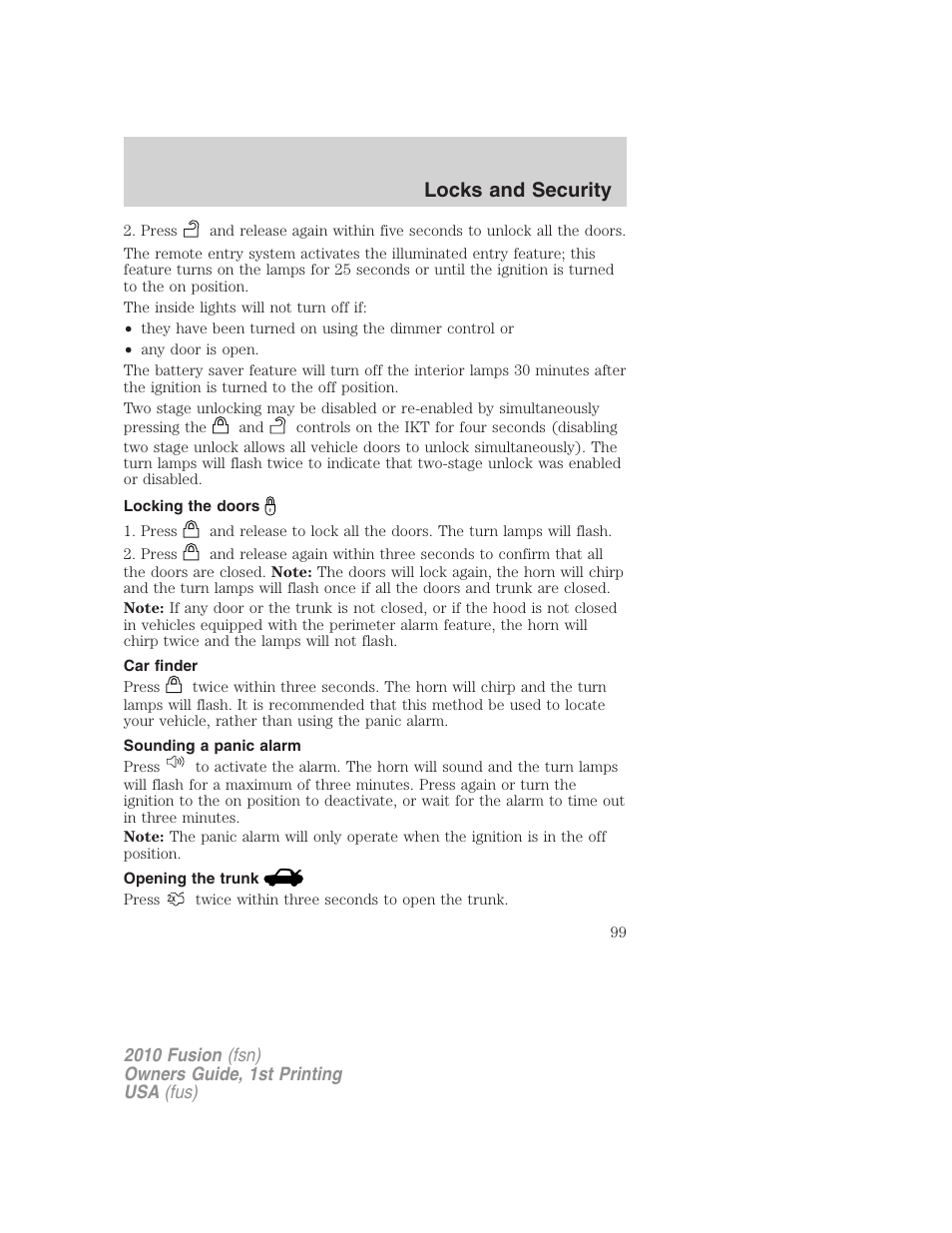 Locking the doors, Car finder, Sounding a panic alarm | Opening the trunk, Locks and security | FORD 2010 Fusion v.1 User Manual | Page 99 / 338