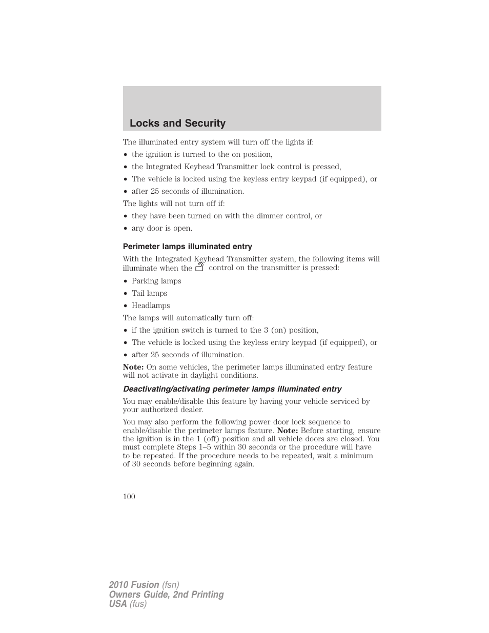 Perimeter lamps illuminated entry, Locks and security | FORD 2010 Fusion v.2 User Manual | Page 100 / 344
