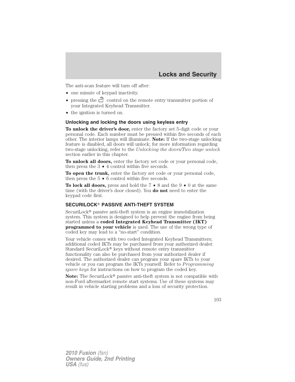 Securilock passive anti-theft system, Anti-theft system, Locks and security | FORD 2010 Fusion v.2 User Manual | Page 103 / 344