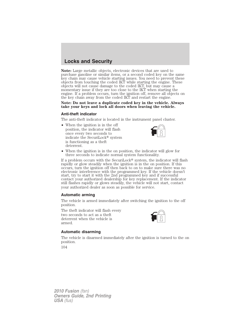 Anti-theft indicator, Automatic arming, Automatic disarming | Locks and security | FORD 2010 Fusion v.2 User Manual | Page 104 / 344