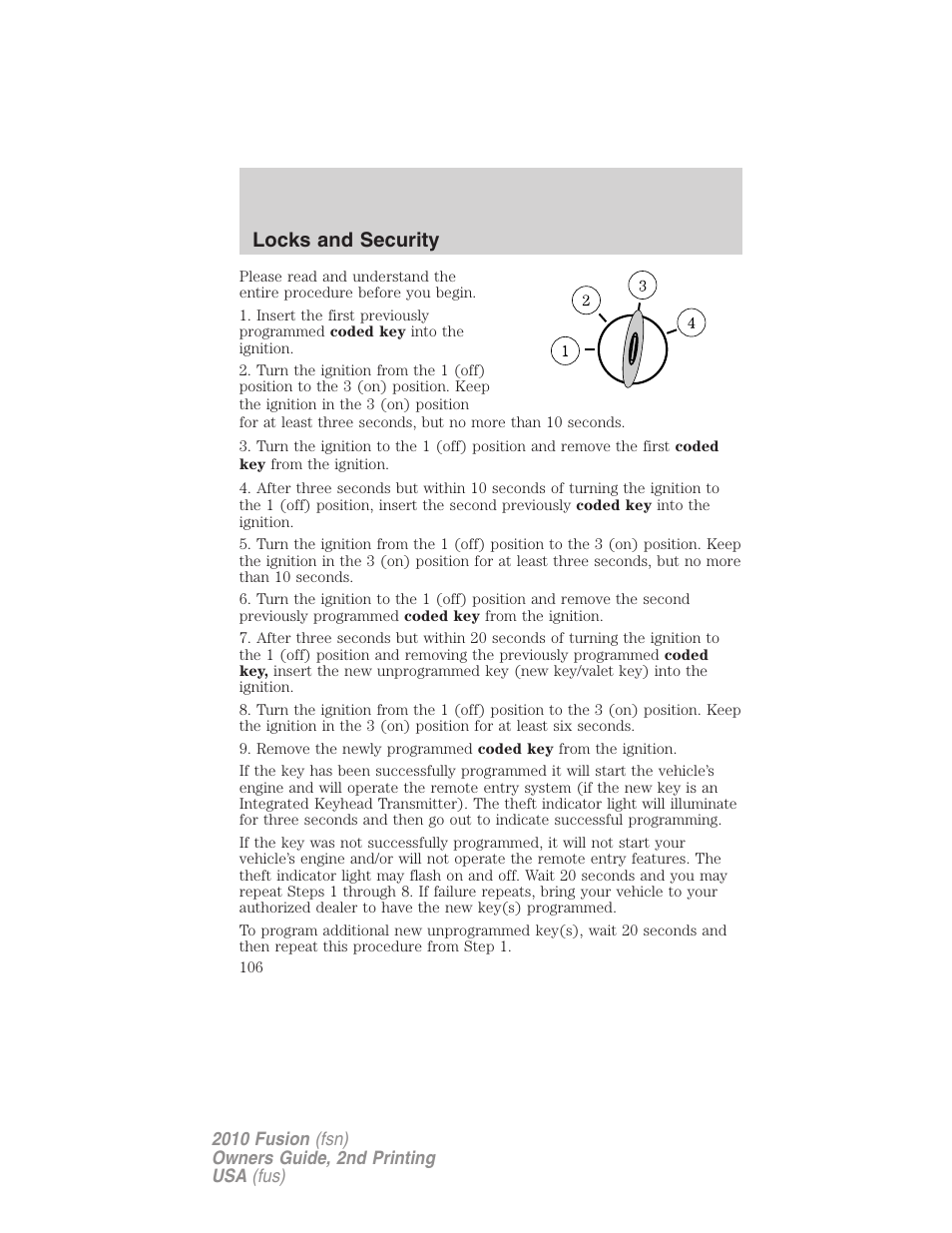 Locks and security | FORD 2010 Fusion v.2 User Manual | Page 106 / 344