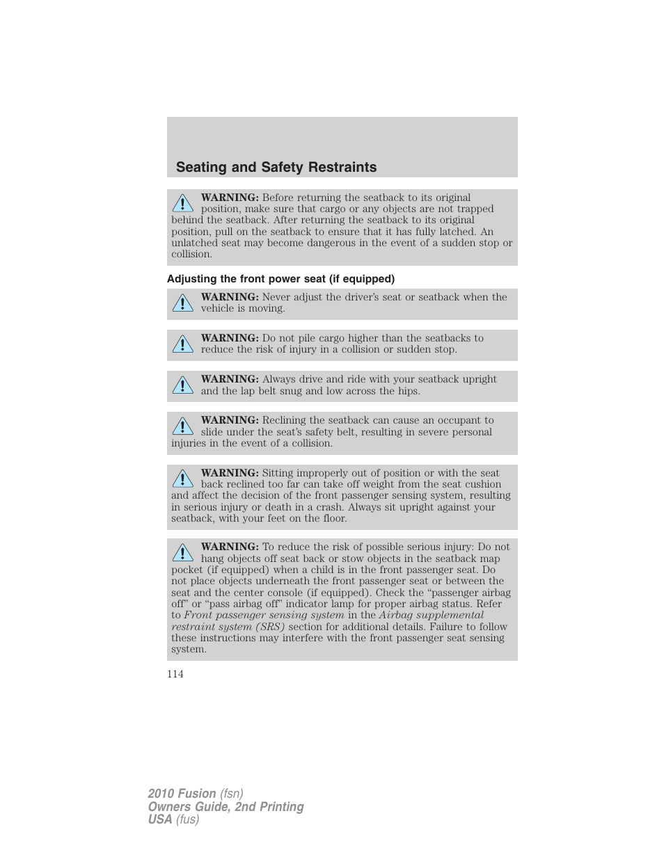 Adjusting the front power seat (if equipped), Seating and safety restraints | FORD 2010 Fusion v.2 User Manual | Page 114 / 344