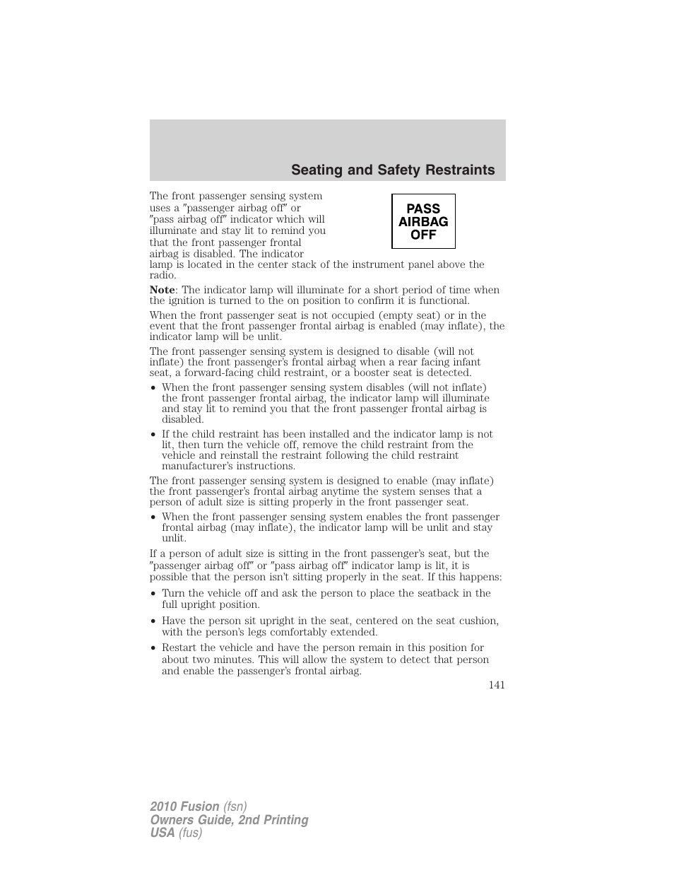 Seating and safety restraints | FORD 2010 Fusion v.2 User Manual | Page 141 / 344