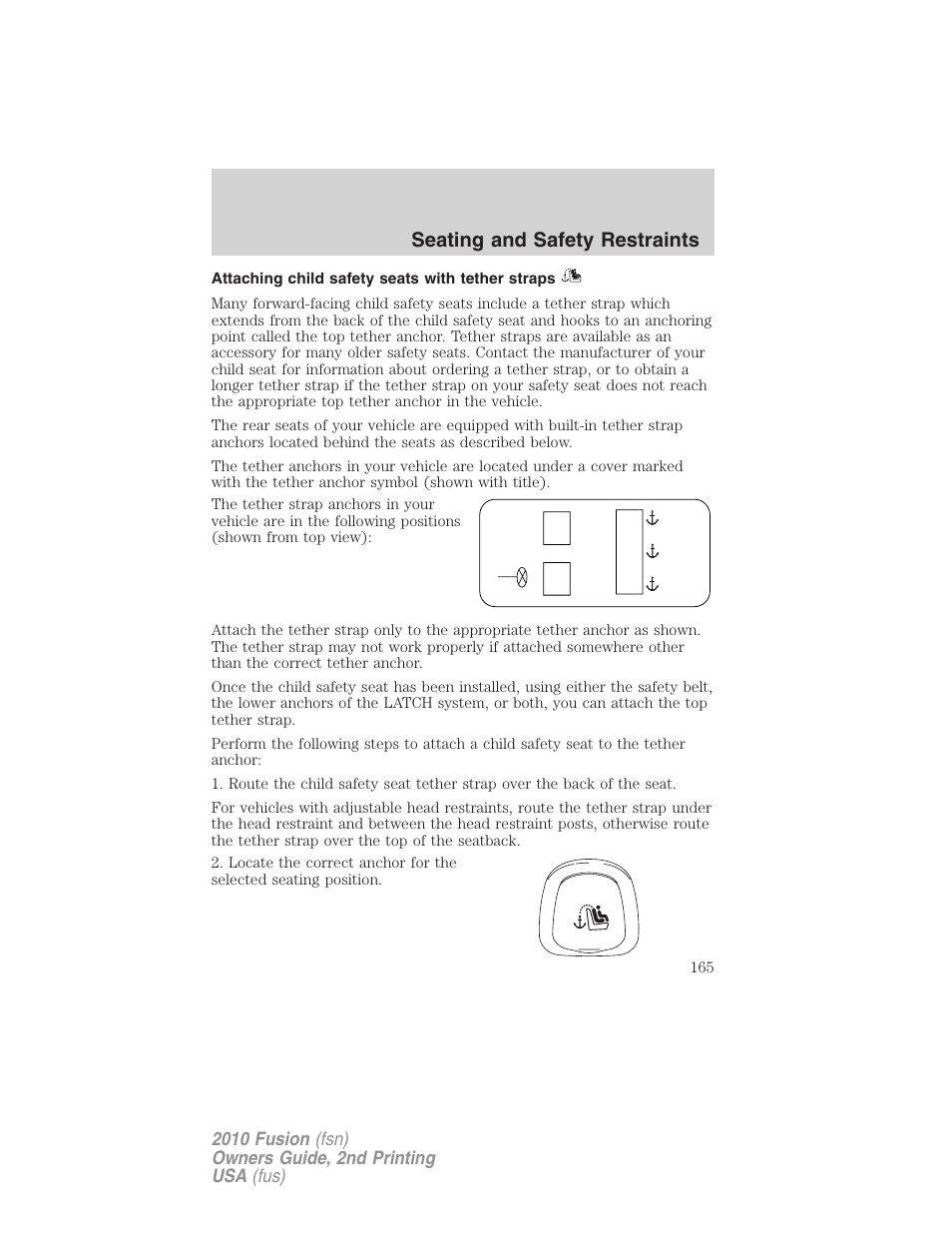 Attaching child safety seats with tether straps, Seating and safety restraints | FORD 2010 Fusion v.2 User Manual | Page 165 / 344