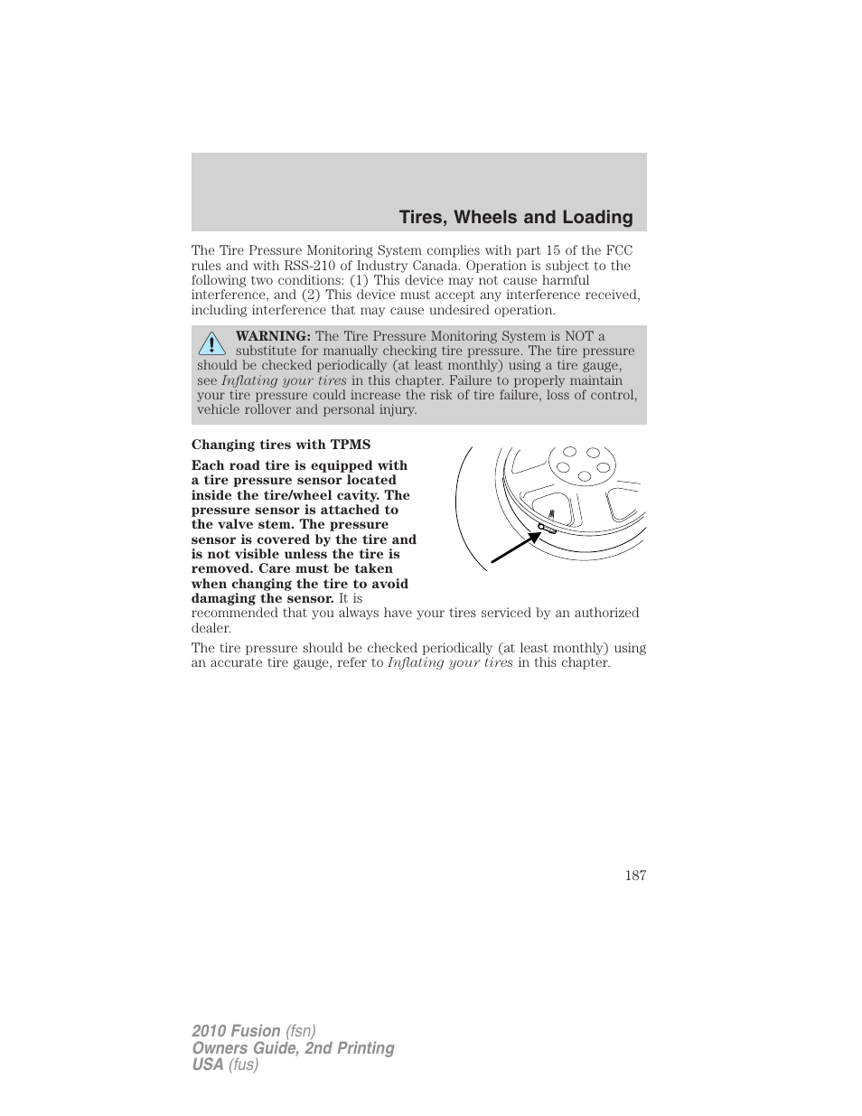 Tires, wheels and loading | FORD 2010 Fusion v.2 User Manual | Page 187 / 344