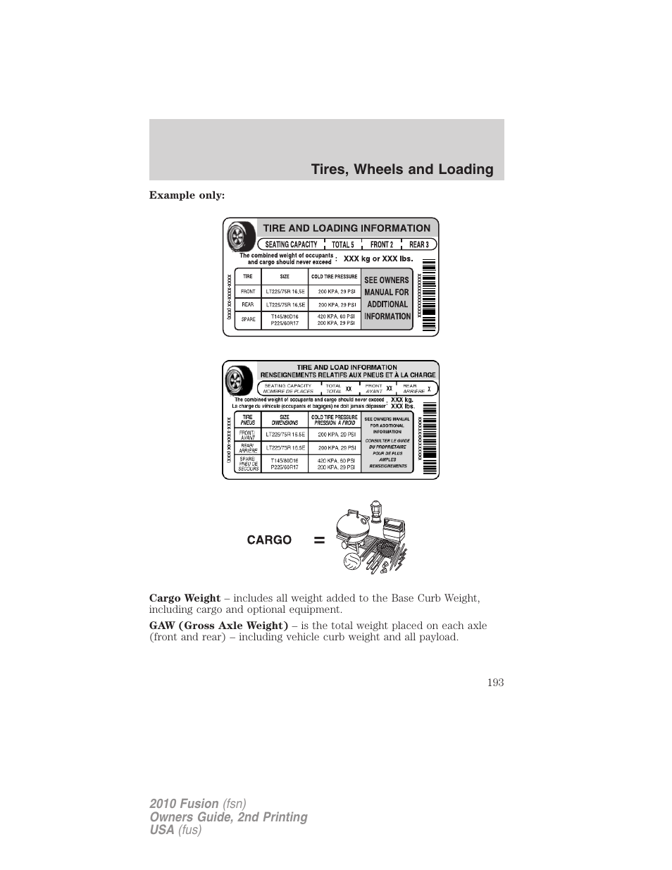 Tires, wheels and loading | FORD 2010 Fusion v.2 User Manual | Page 193 / 344