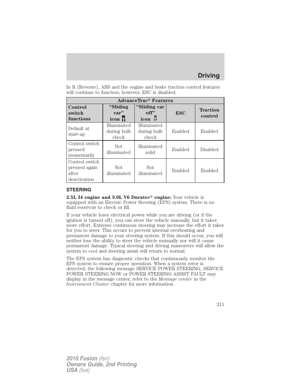 Steering, Driving | FORD 2010 Fusion v.2 User Manual | Page 211 / 344