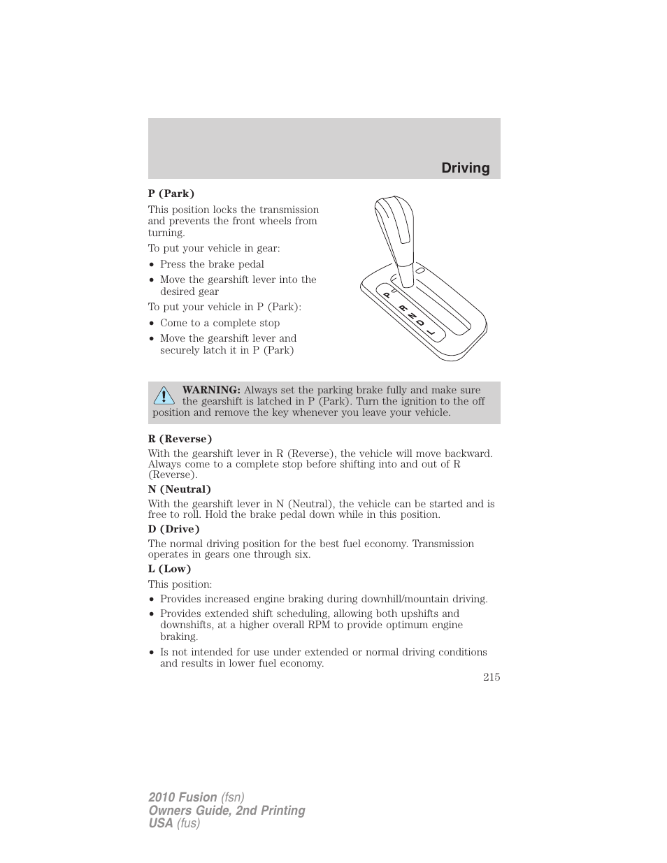 Driving | FORD 2010 Fusion v.2 User Manual | Page 215 / 344