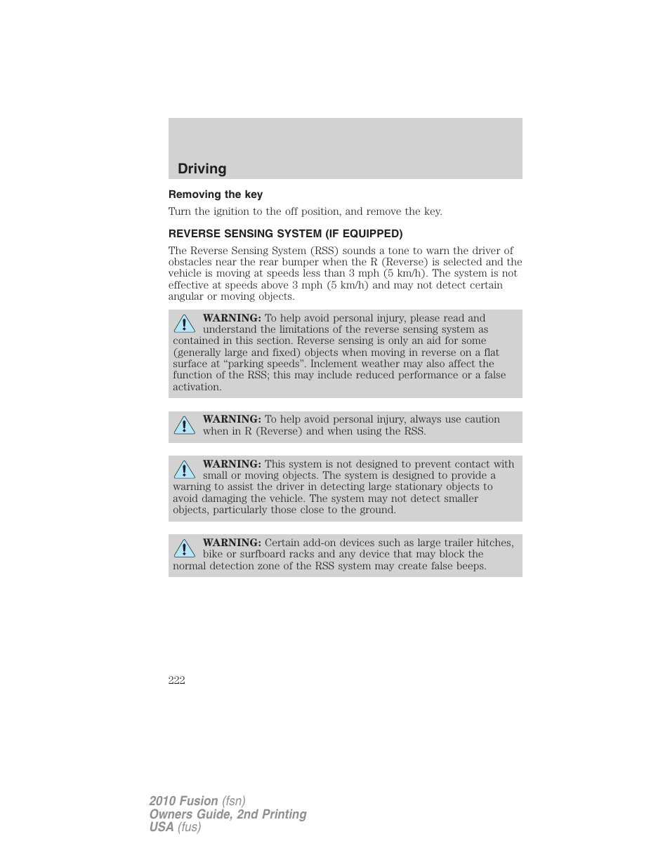 Removing the key, Reverse sensing system (if equipped), Reverse sensing system | Driving | FORD 2010 Fusion v.2 User Manual | Page 222 / 344