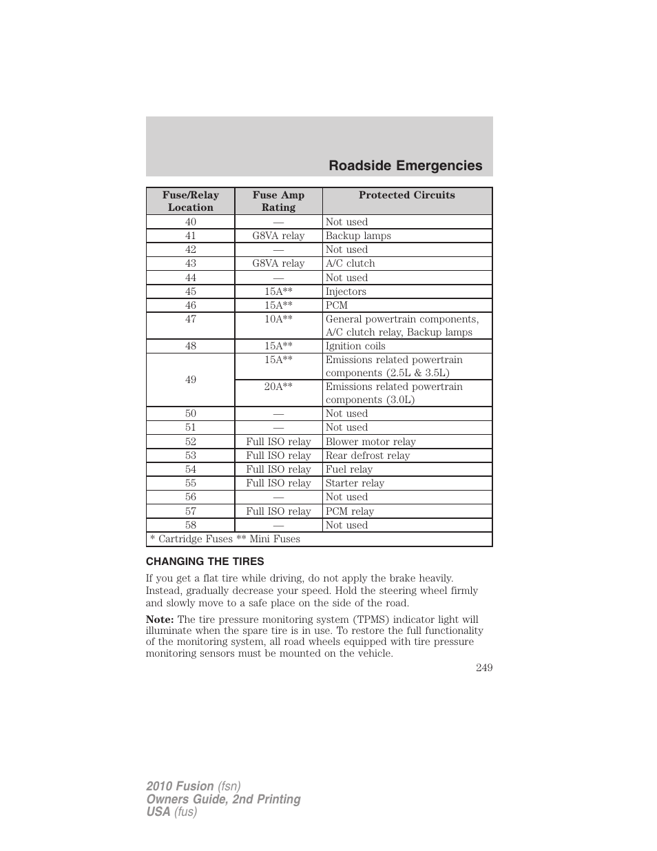 Changing the tires, Changing tires, Roadside emergencies | FORD 2010 Fusion v.2 User Manual | Page 249 / 344