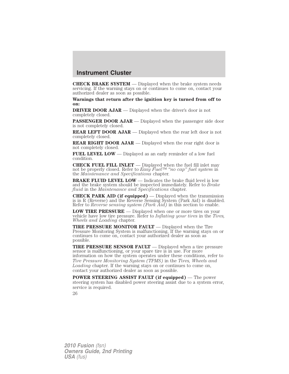 Instrument cluster | FORD 2010 Fusion v.2 User Manual | Page 26 / 344