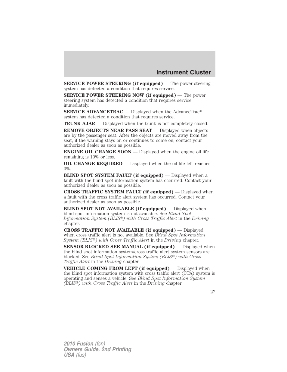 Instrument cluster | FORD 2010 Fusion v.2 User Manual | Page 27 / 344