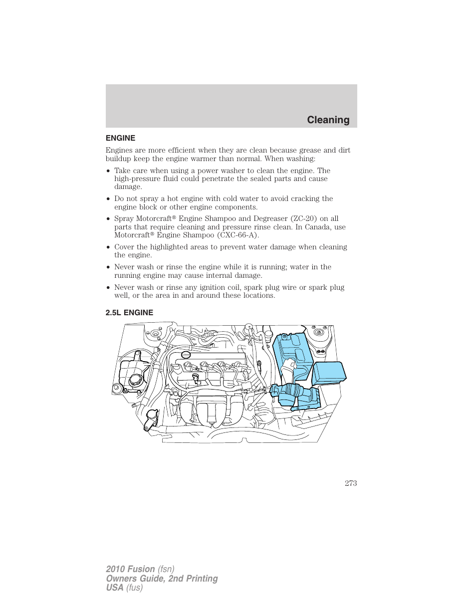 Engine, 5l engine, Cleaning | FORD 2010 Fusion v.2 User Manual | Page 273 / 344