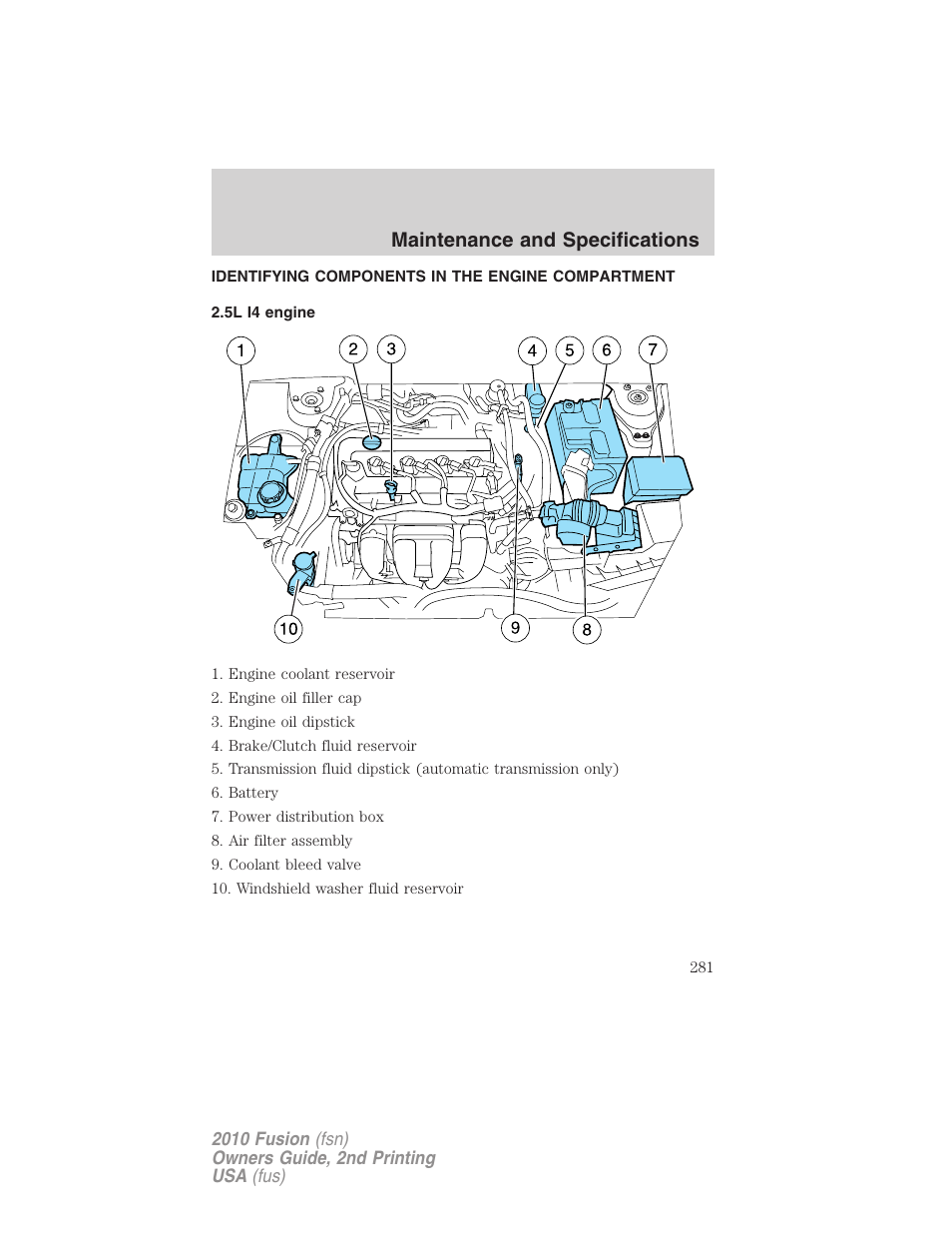 Identifying components in the engine compartment, 5l i4 engine, Engine compartment | Maintenance and specifications | FORD 2010 Fusion v.2 User Manual | Page 281 / 344