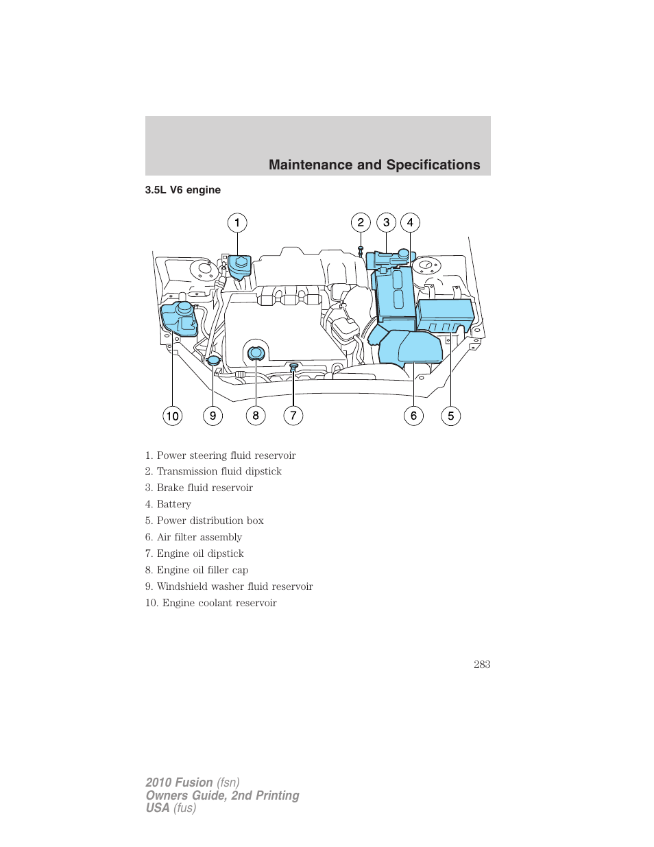 5l v6 engine, Maintenance and specifications | FORD 2010 Fusion v.2 User Manual | Page 283 / 344