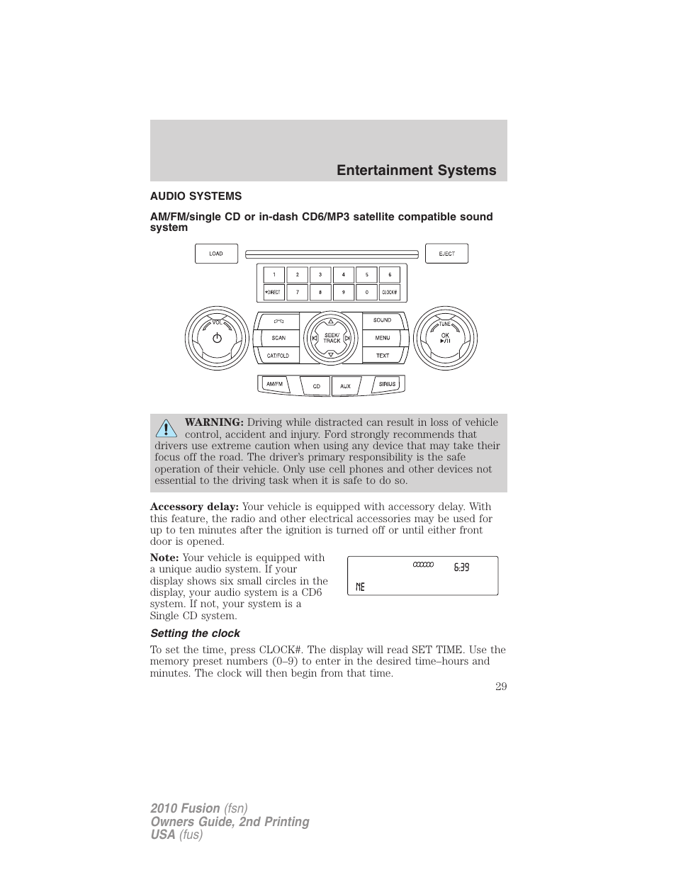 Entertainment systems, Audio systems, Setting the clock | Am/fm stereo with cd/mp3 | FORD 2010 Fusion v.2 User Manual | Page 29 / 344