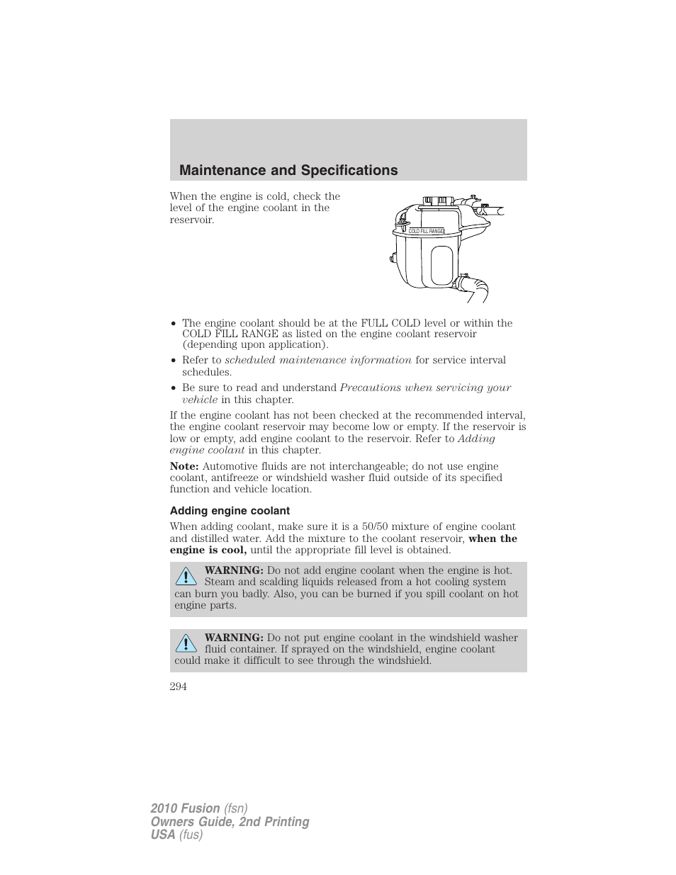 Adding engine coolant, Maintenance and specifications | FORD 2010 Fusion v.2 User Manual | Page 294 / 344